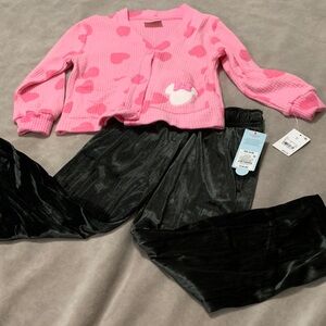 Disney Pink cardigan with Heart Design and black velvety pants
